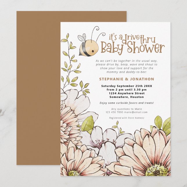 Invitation Bumblebee Florals Gold Drive Thru Baby shower (Devant / Derrière)