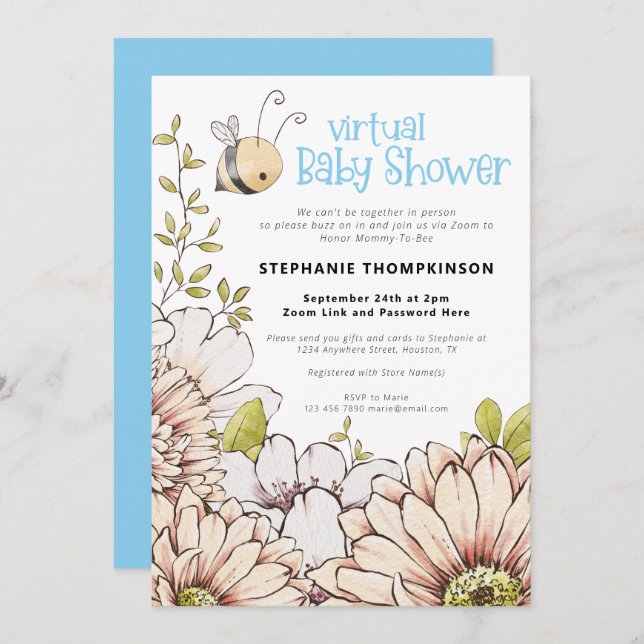 Invitation Bumblebee Florals Virtual Baby Blue Douche (Devant / Derrière)