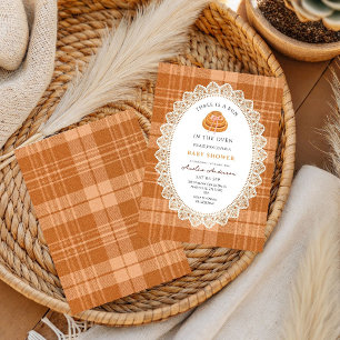 Invitation Bun In The Oven Gingham Marron Baby Shower 