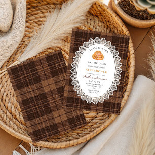 Invitation Bun In The Oven Gingham Marron Baby Shower 