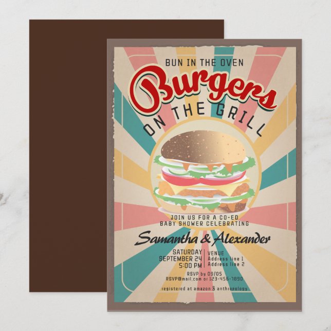 Invitation Bun Rétro Sur Le Baby shower BBQ Burger Four (Devant / Derrière)