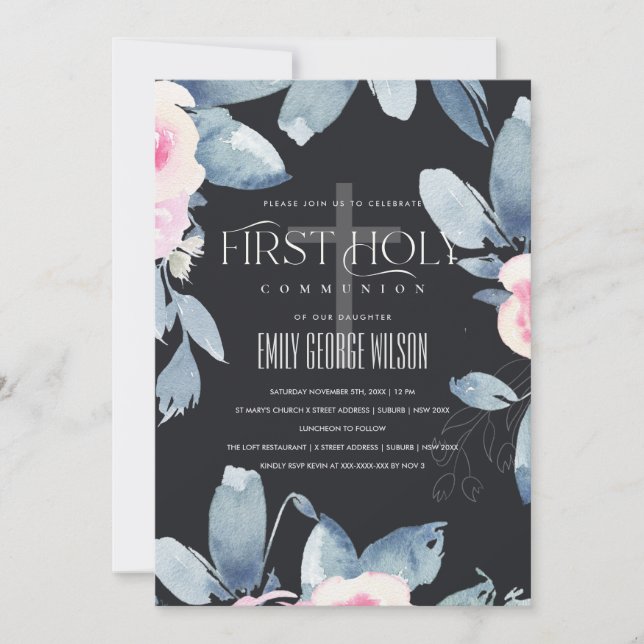INVITATION BUNCH FLORAL BLEU BLEU BLACK PREMIER SAINT COMMUNI (Devant)
