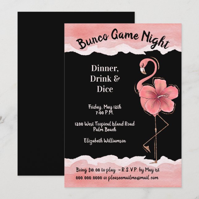 Invitation Bunco Nuit Filles Flamant rose Rose (Devant / Derrière)