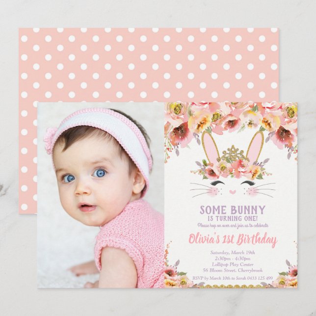 Invitation Bunny 1er anniversaire Filles Floral Rabbit Photo (Devant / Derrière)