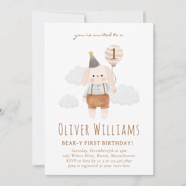 Invitation bunny 1st birthday blue balloon (Devant)