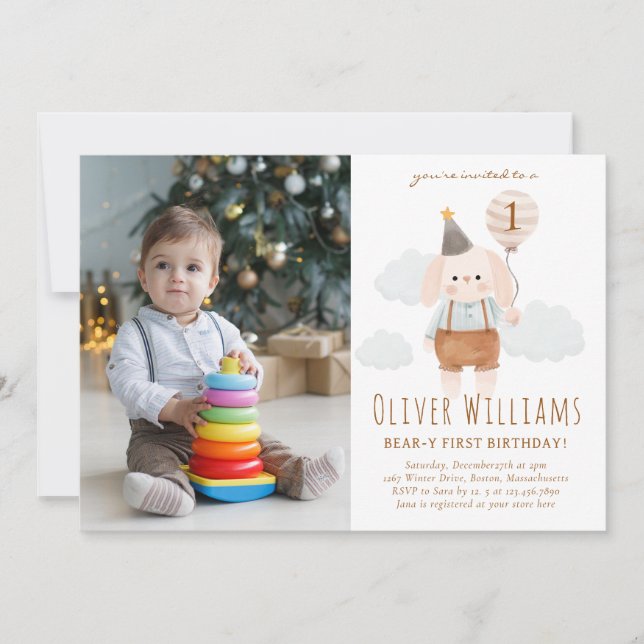 Invitation bunny 1st birthday blue balloon (Devant)