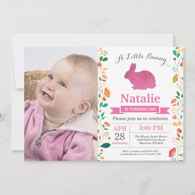 Invitation Bunny Anniversaire Fille de Pâques Oeuf 1er Annive (Devant)