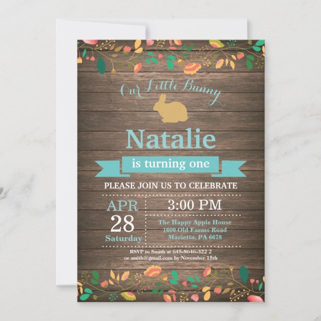 Invitation Bunny Anniversaire Fille de Pâques Oeuf 1er Annive (Devant)