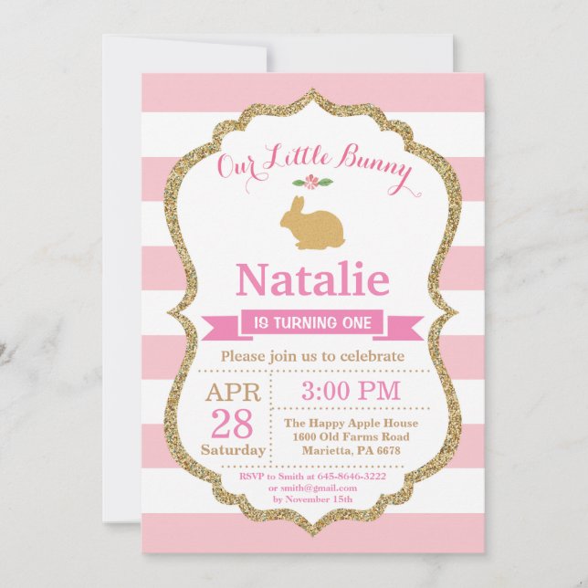 Invitation Bunny Anniversaire Fille de Pâques Oeuf 1er Annive (Devant)
