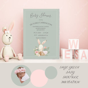Invitation Bunny Aquarelle Floral Green Girl Baby shower