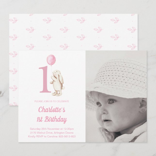 Invitation Bunny & Balloon rose 1er Anniversaire Photo (Devant / Derrière)