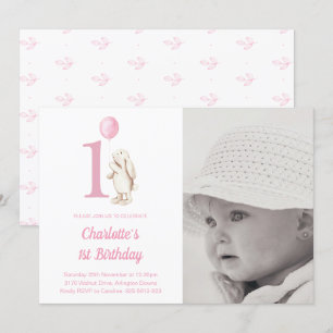 Invitation Bunny & Balloon rose 1er Anniversaire Photo