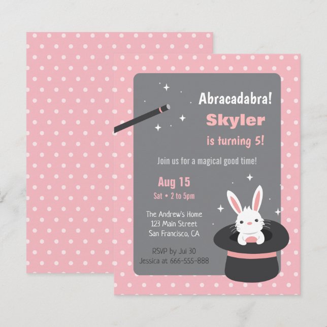 Invitation Bunny en Pois Casquette Magie fête d'anniversaire (Devant / Derrière)