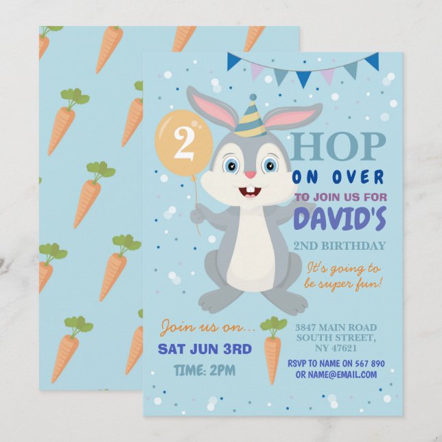 Invitation Bunny Fête Anniversaire Rabbit Boys Bleu Pâques (Devant / Derrière)