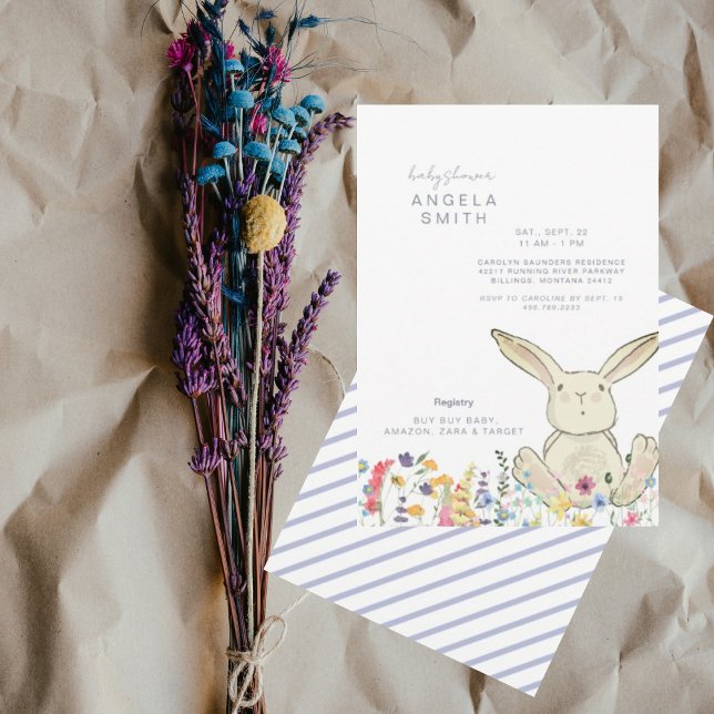 Invitation Bunny & Fleur sauvage Baby shower rayé coloré (Créateur téléchargé)