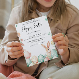 Invitation Bunny Floral et oeufs blanc heureux Pâques