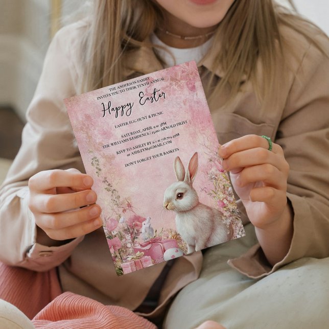 Invitation Bunny Floral et oeufs rose heureux Pâques (Créateur téléchargé)