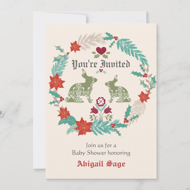 Invitation Bunny Folk Art Wreath Hiver Baby shower neutre (Devant)