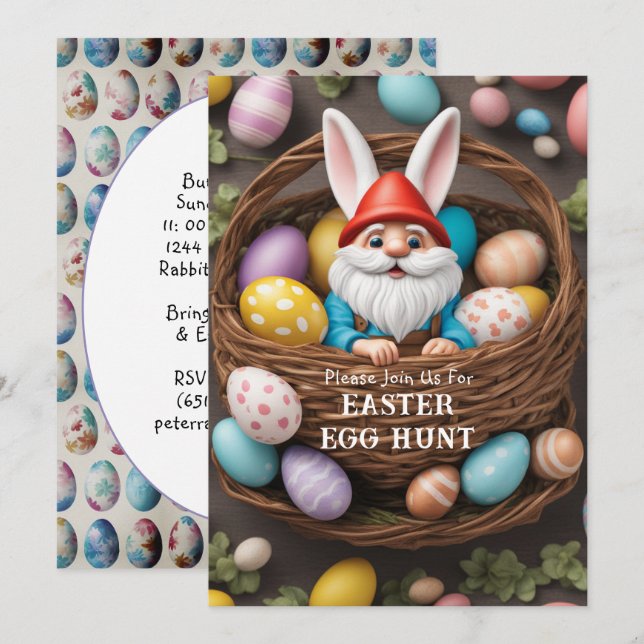 Invitation Bunny Gnome dans le panier Chasse aux oeufs de Pâq (Devant / Derrière)