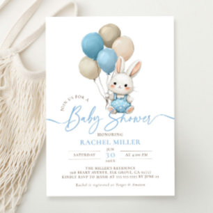 Invitation Bunny Lapin Balloons Blue Boy Baby shower