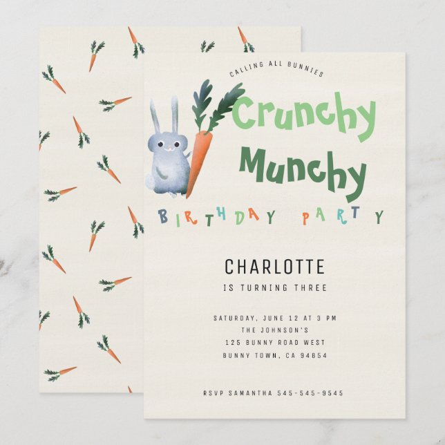 Invitation Bunny Munchy Crunchy Anniversaire Fête Drôle migno (Devant / Derrière)