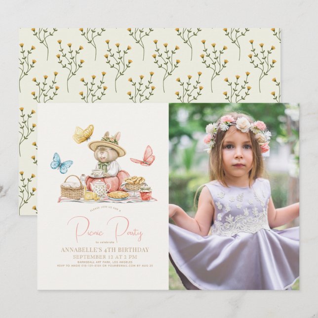 Invitation Bunny & Papillons Pique-nique Tea Party Anniversai (Devant / Derrière)