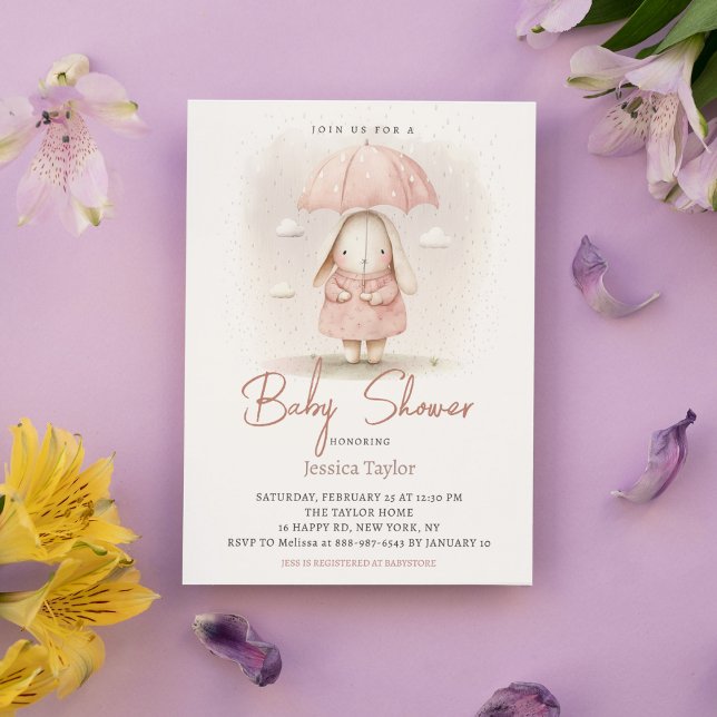 Invitation Bunny Parapluie rose Aquarelle fille Baby shower (Créateur téléchargé)