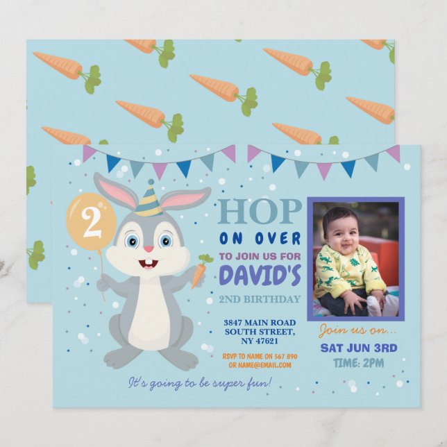 Invitation Bunny Party Anniversaire Rabbit Photo Pâques (Devant / Derrière)