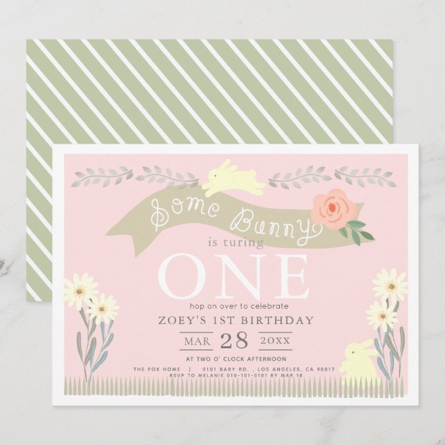 Invitation Bunny Pastel Pink GIrl 1er anniversaire (Devant / Derrière)