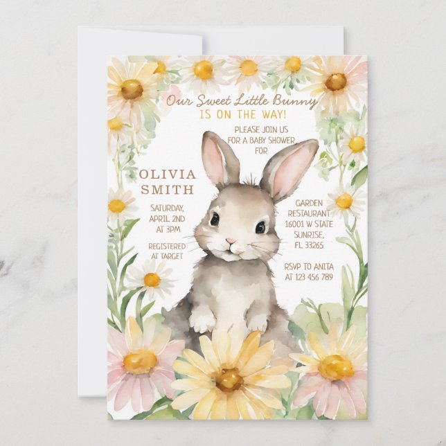 Invitation Bunny Rabbit Daisy Flower Baby shower de jardin (Devant)