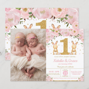 Invitation Bunny Rabbit Twin Girls 1er Birthday Twins Photo
