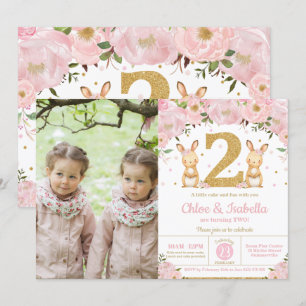 Invitation Bunny Rabbit Twin Girls 2e anniversaire Twins Phot