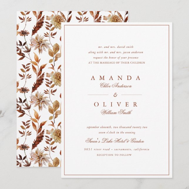 Invitation Burange Chute Florale Élégant Mariage classique (Devant / Derrière)