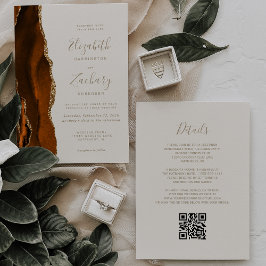 Invitation Burange Orange Or Agate ivoire QR Code Mariage