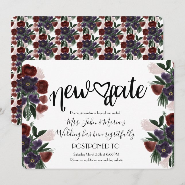 Invitation Burgandy Floral Nouvelle Date Annulation Mariage (Devant / Derrière)