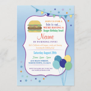 Invitation Burger Birthday Party Blue Balloon Birthday Invita