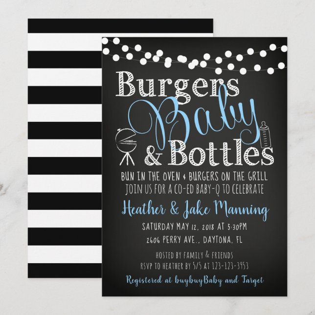 Invitation Burgers Bouteilles Bleues, Baby shower garçon Invi (Devant / Derrière)