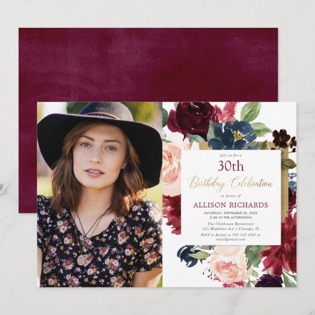 Invitation Burgunch rose rousse or floral photo d'anniversair (Devant / Derrière)