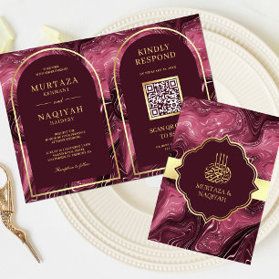 Invitation Burgundy Agate Marbre QR Code Mariage musulman