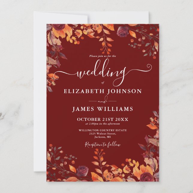 Invitation Burgundy All In One Autumn Fall Floral Wedding (Devant)