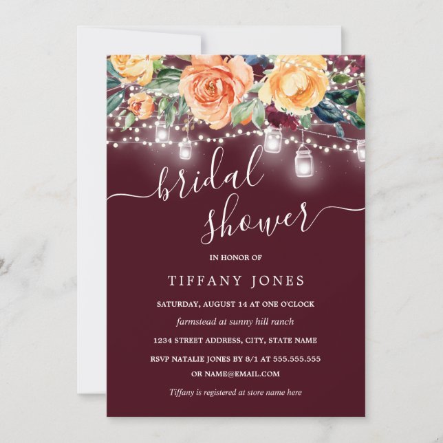 Invitation Burgundy Amber Floral Rustic Wood Fête des mariées (Devant)
