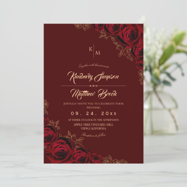 Invitation Burgundy and Gold Rose Floral Boho Wedding Invitat (Debout devant)