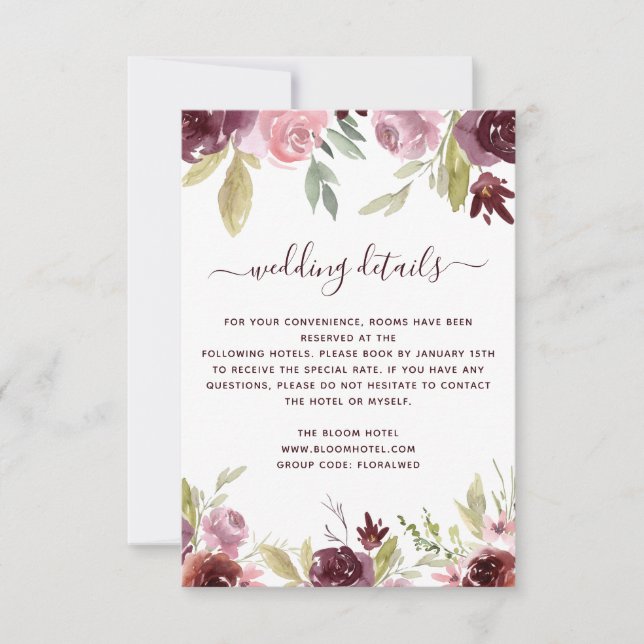 Invitation Burgundy Aquarelle Floral Flower Détails du Mariag (Devant)
