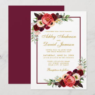 Invitation Burgundy Aquarelle Floral or Boho Mariage GB