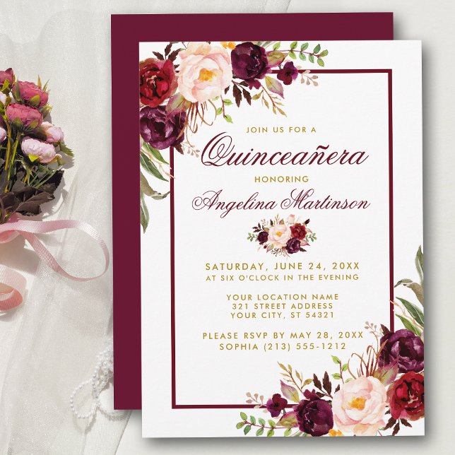 Invitation Burgundy Aquarelle Florale Or Quinceanera (Customize to change text color, style, add text & photos to back or change color of back of card.)