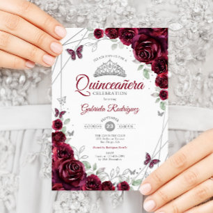 Invitation Burgundy Aquarelle Florale Quinceanera