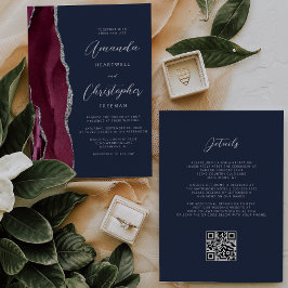 Invitation Burgundy Argent Agate QR Code Marine Blue Mariage