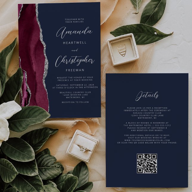 Invitation Burgundy Argent Agate QR Code Marine Blue Mariage (Créateur téléchargé)