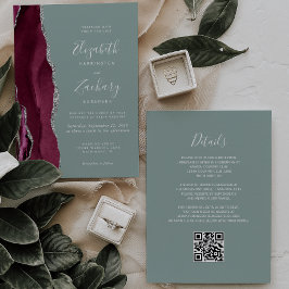 Invitation Burgundy Argent Agate Sage Green QR Code Mariage