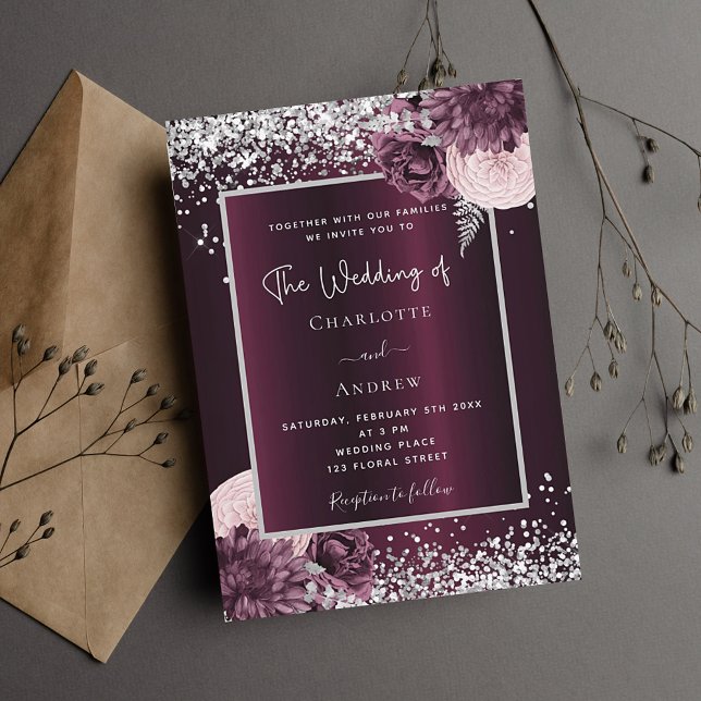Invitation Burgundy argent floral élégant luxe mariage (Créateur téléchargé)